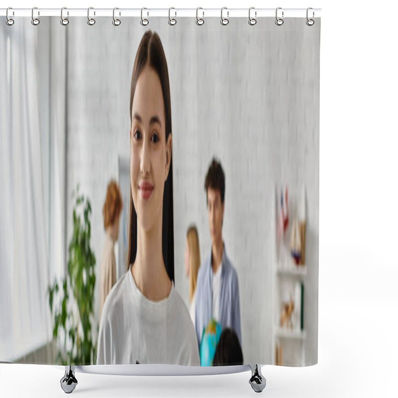 Personality  Teenage Girl Smiles As She Takes Part In A UN Model Simulation. Shower Curtains