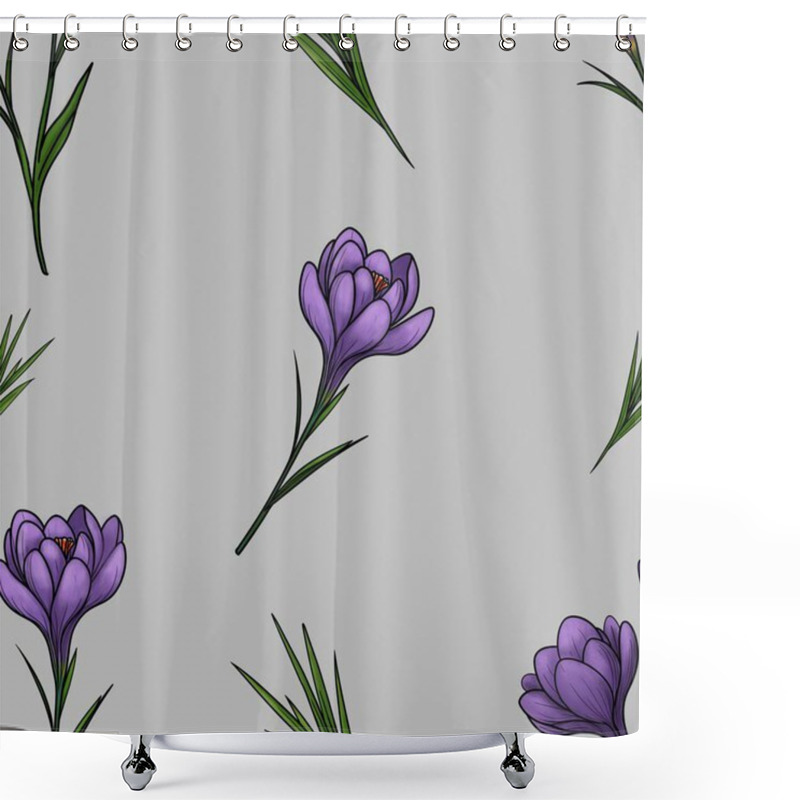 Personality  Spring Purple Crocuses With Leaves In Big Design On Gray Background Shower Curtains