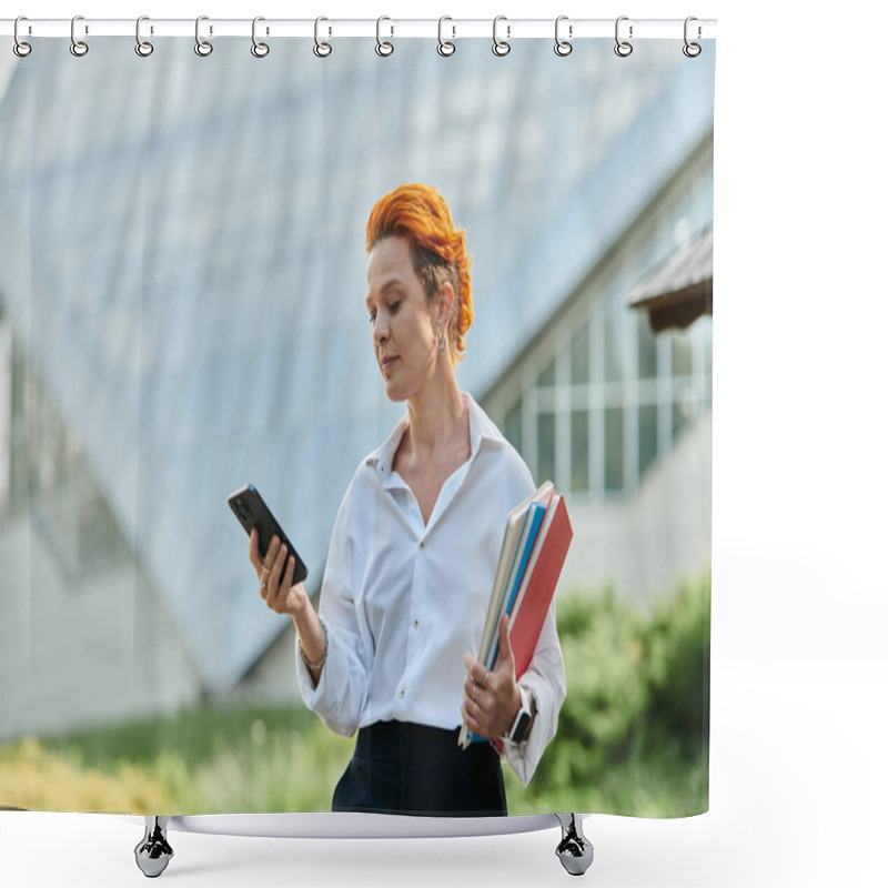 Personality  A Teacher With Bright Red Hair Checks Her Phone On Campus. Shower Curtains