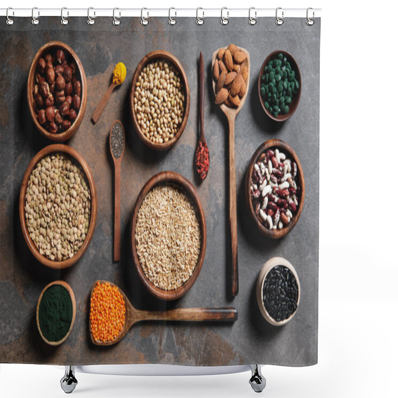 Personality  Flat Lay Of Wooden Bowls And Spoons With Superfoods, Legumes And Grains On Table Shower Curtains