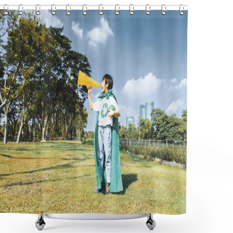 Personality  Young Superhero Boy With Recycle Symbol And Cape Make Announcement With Speaker On Environmental Awareness For Eco-friendly Waste Recycling Management As His Mission To Save Earth. Gyre Shower Curtains