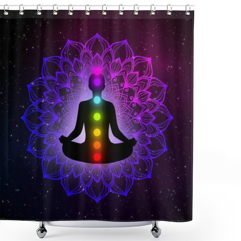 Personality  Abstract Meditation Man With Chakras And Golden Mandala In The Galaxy Illustration Design Background. Shower Curtains