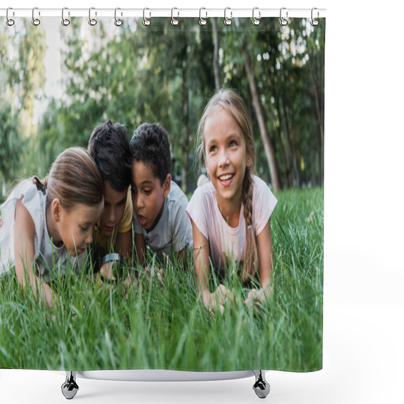 Personality  Selective Focus Of Cute Multicultural Children Looking At Green Grass Though Magnifier  Shower Curtains