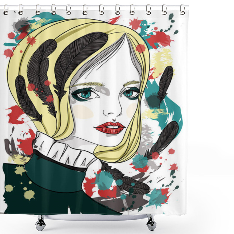 Personality  Portrait Of Beautiful Girl With Black Feathers In Her Hair. Fashion Illustration On Abstract Background. Print For T-shirt Shower Curtains