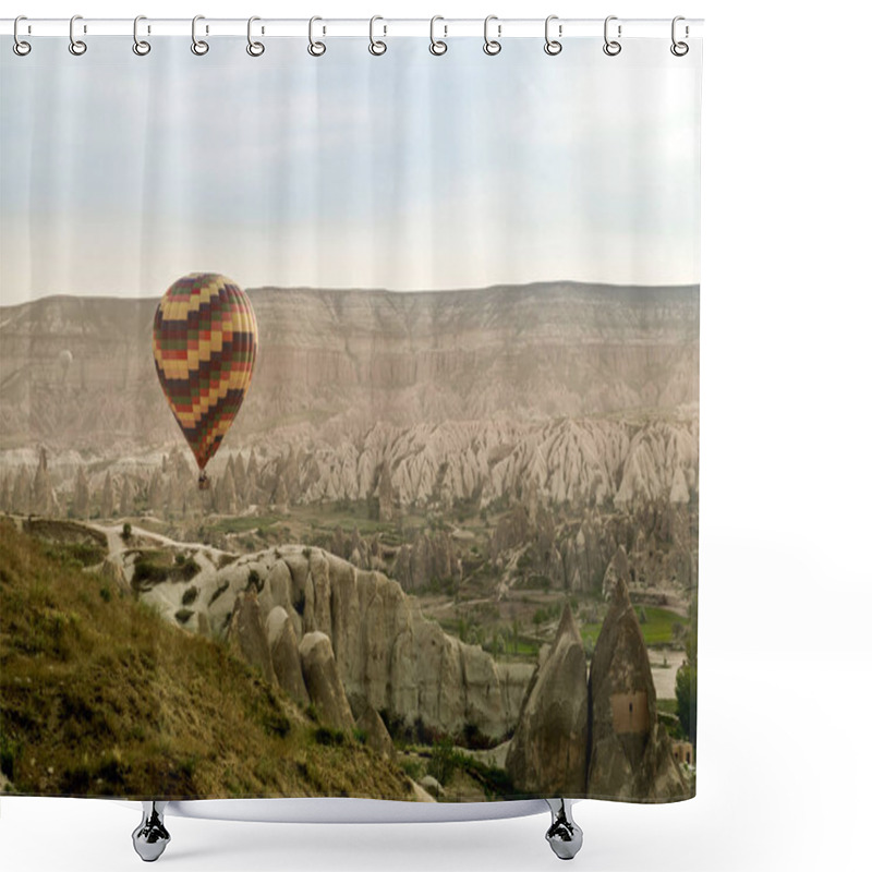 Personality  Scenic View Of Hot Air Balloon Flying Over Stone Formations In Valley Of Cappadocia, Turkey  Shower Curtains