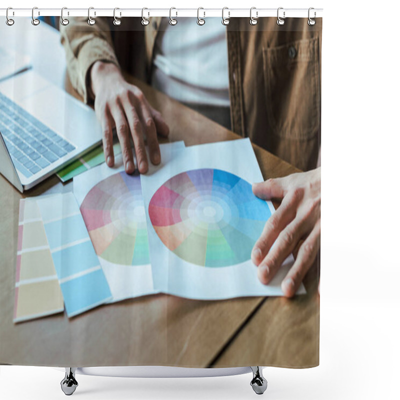 Personality  Cropped View Of Male Hands With Papers Near Laptop At Table In Coworking Space Shower Curtains