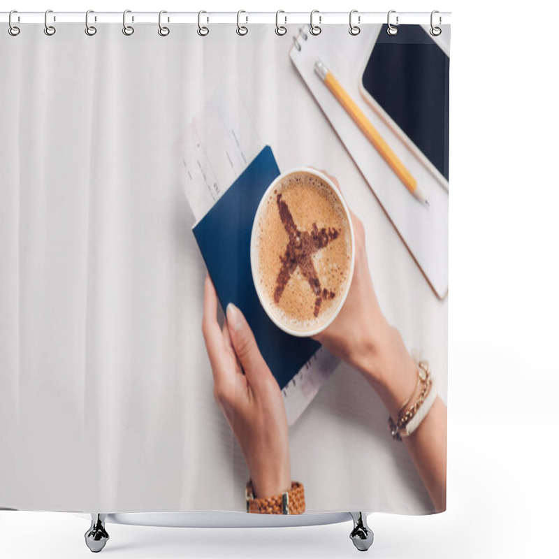 Personality  Cropped Shot Of Woman Holding Cup Of Coffee With Plane Sign At Tabletop With Passport, Smartphone And Ticket, Traveling Concept Shower Curtains