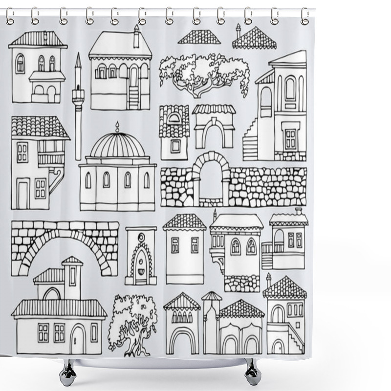 Personality  Black And White Line Drawing.Cityscape Elements Vector Set.Hand  Shower Curtains