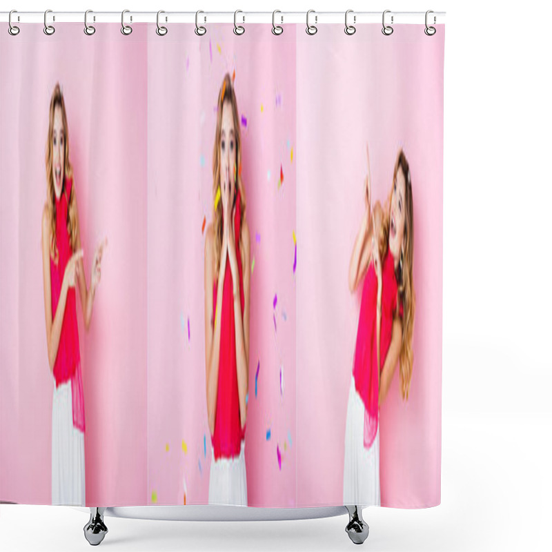 Personality  Collage Of Elegant Woman In Crown Under Confetti On Pink Background, Banner Shower Curtains