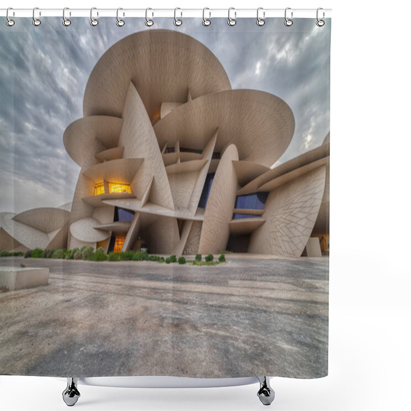 Personality  Doha, Qatar-November 16,2019 :National Museum Of Qatar (Desert Rose) Panoramic  View At Sunset Shower Curtains