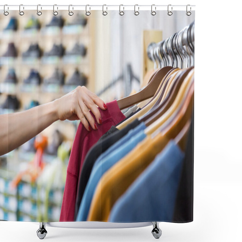 Personality  Row Of Summer Seasonal Apparel And Hand Of Customer In Shop Shower Curtains