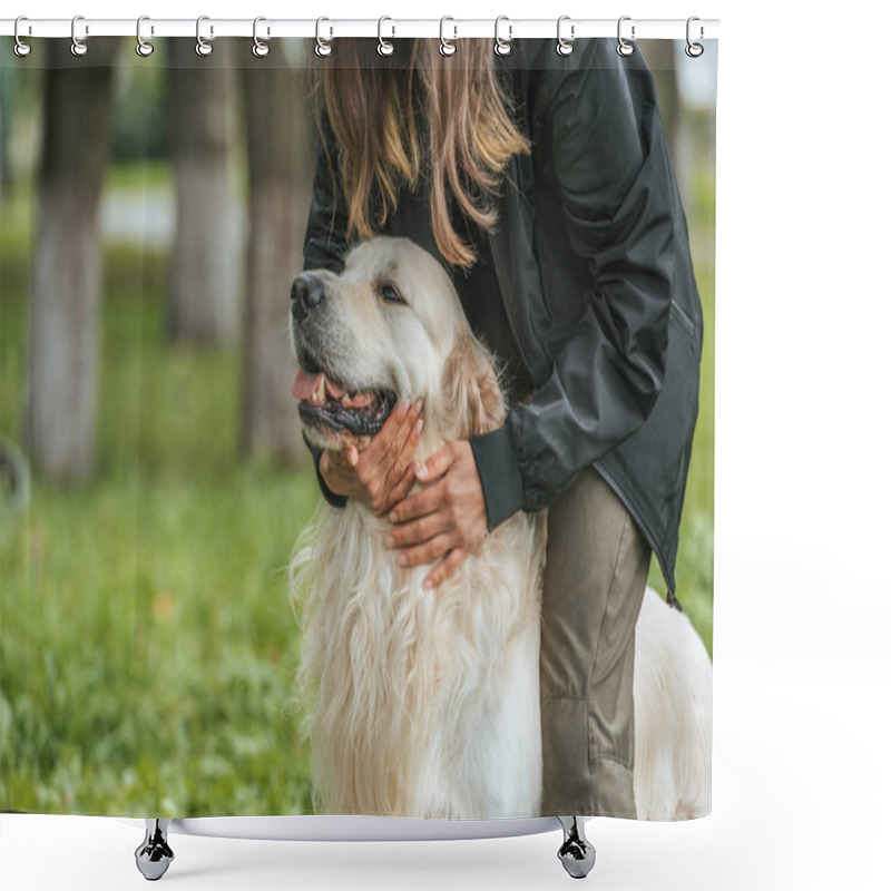 Personality  Cropped Shot Of Girl Hugging Cute Funny Dog In Park Shower Curtains