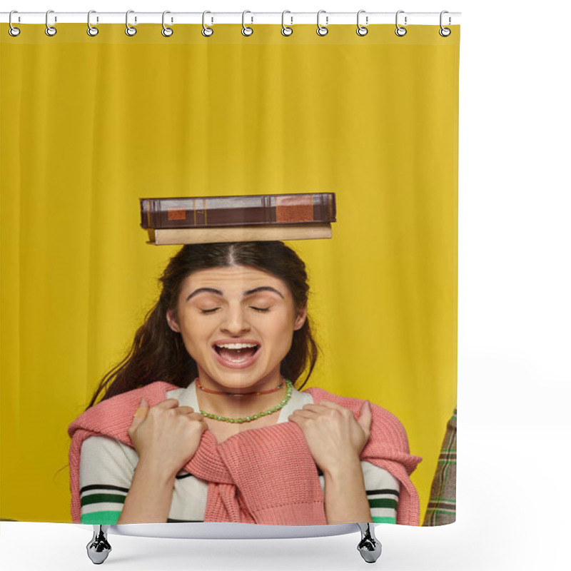 Personality  Excited Woman With Closed Eyes Standing With Book On Head, Yellow Backdrop, Student Life, Young Shower Curtains