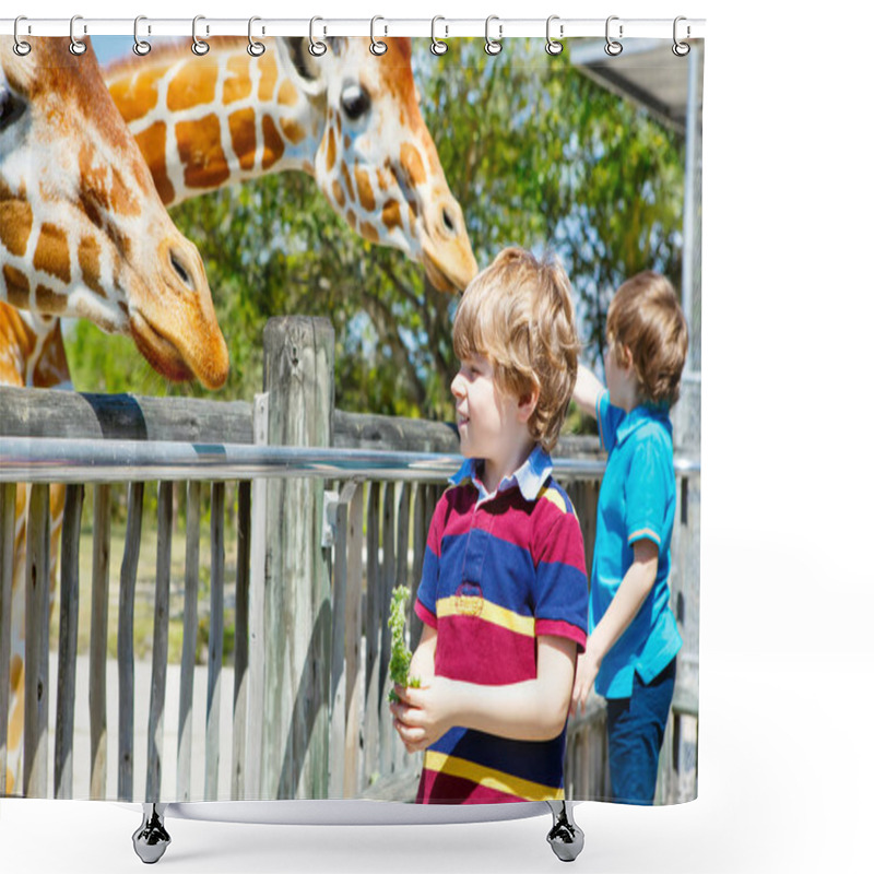 Personality  Two Little Kids Boys And Father Watching And Feeding Giraffe In Shower Curtains