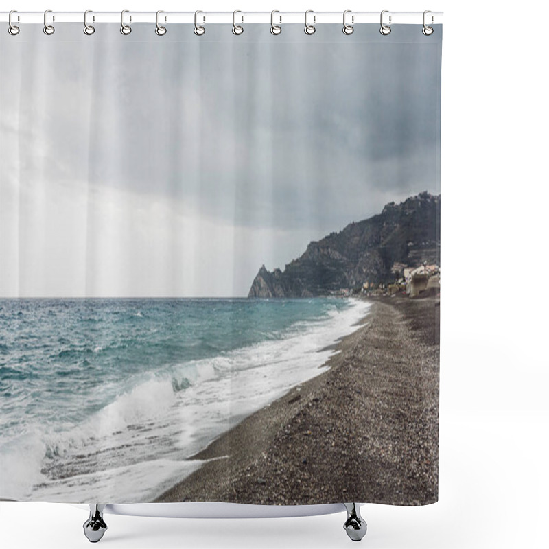 Personality  Sea Waves Splash On Sandy Beach In Coastline  Shower Curtains