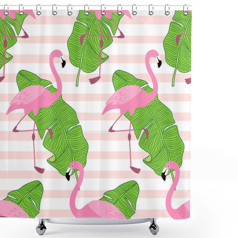 Personality  Cute Exotic Tropical Seamless Background With Cartoon Characters Of Pink Flamingos Shower Curtains