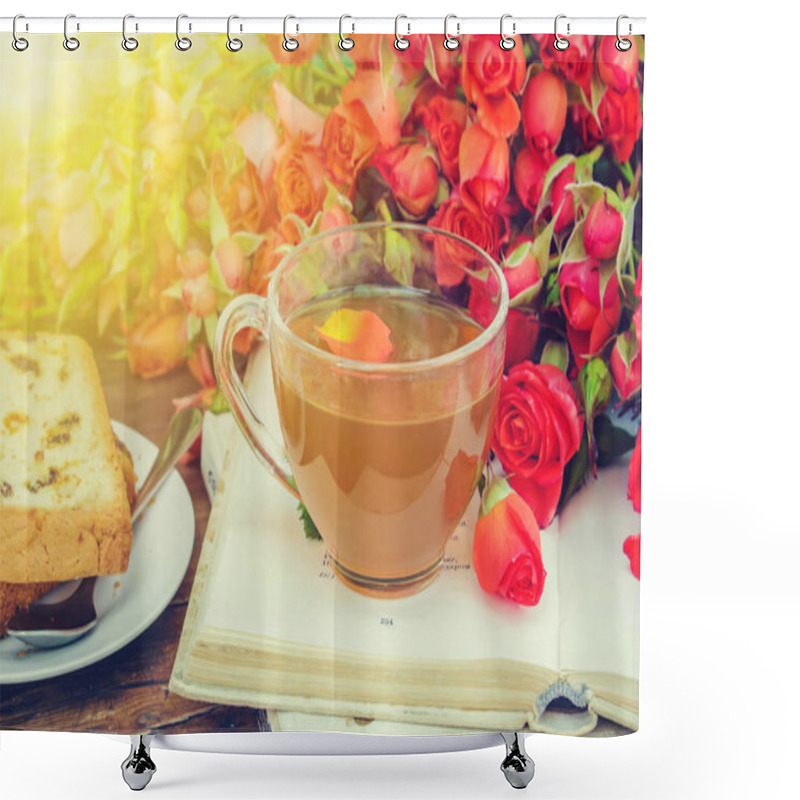 Personality  Book And Tea. Flowers. Selective Focus. Shower Curtains