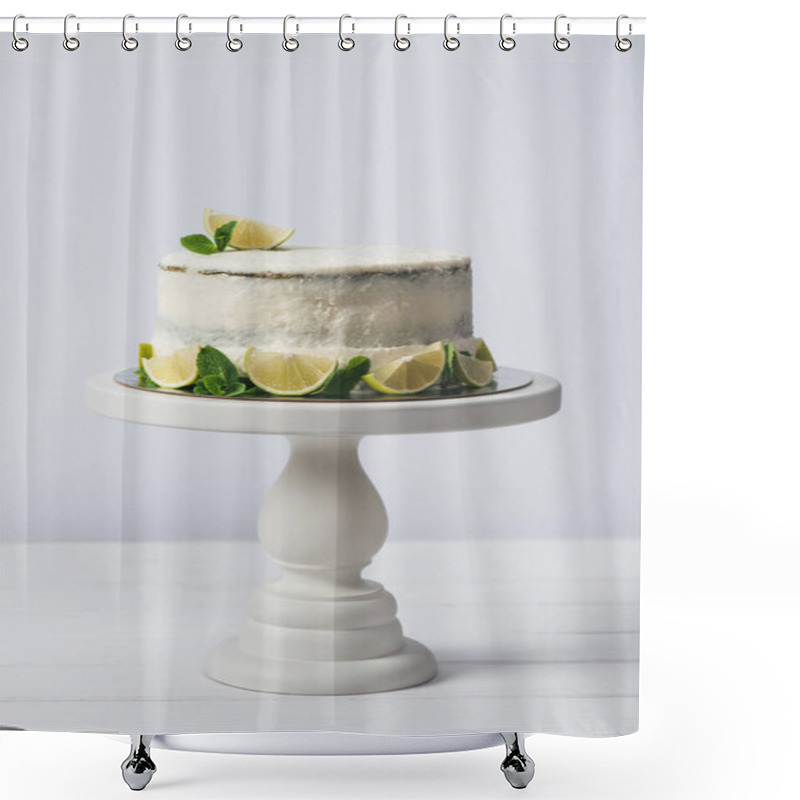 Personality  Cake Decorated With Slices Of Lime On Stand Isolated On White Shower Curtains