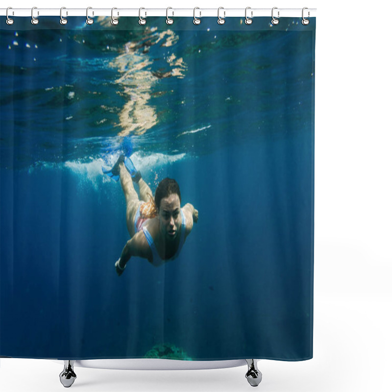 Personality  Underwater Photo Of Young Woman In Swimming Suit Diving In Ocean Alone Shower Curtains