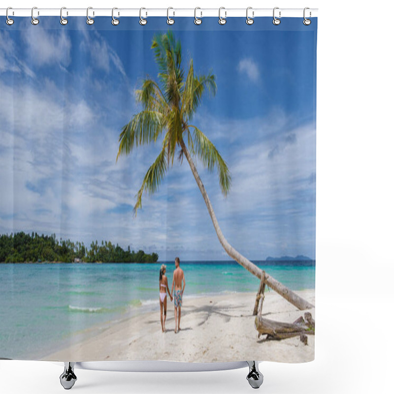 Personality  Tropical Beach With Palm Trees At The Island Of Koh Kood Thailand. Hanging Palm Trees On The White Tropical Beach With Blue Ocean Couple Men And Women On Vacation In Thailand Shower Curtains