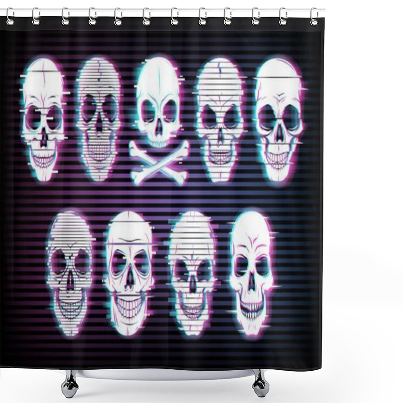 Personality  Glitch Skulls Vector Distorted Neon Glowing Pixelized Craniums Or Jolly Roger On Black Background. Television Messy Distortion Or Vhs Tape Glitch Effect, Trippy Digital Art, Horror, Dead Heads Set Shower Curtains