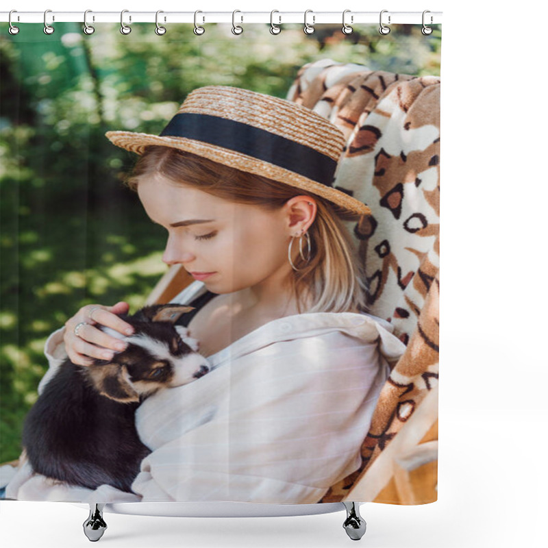 Personality  Blonde Girl In Straw Hat Holding Puppy While Sitting In Deck Chair In Garden Shower Curtains