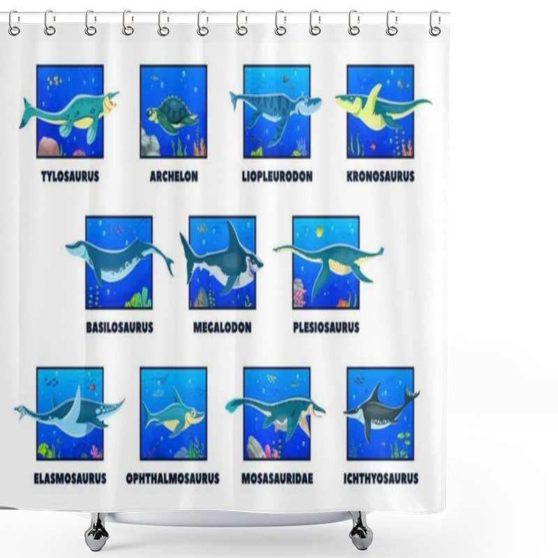 Personality  Cartoon Prehistoric Underwater Dinosaurs. Vector Set Of Ancient Underwater Creatures, With Their Names. Sea And Ocean Swimming Dino Animals In Colorful, Vibrant Scenes With Marine Plants And Corals Shower Curtains