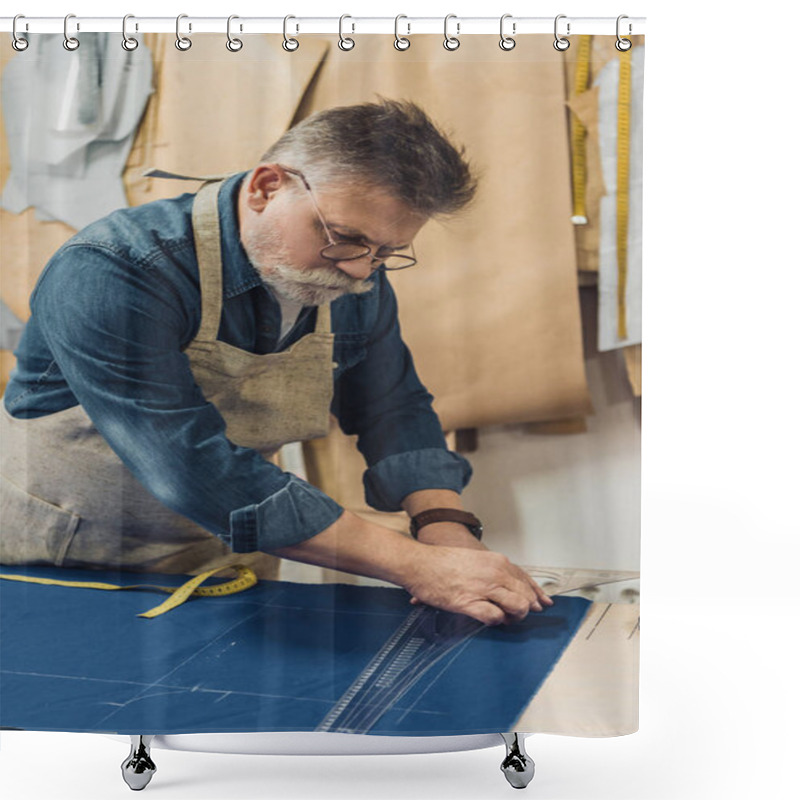 Personality  Concentrated Male Middle Aged Craftsman In Apron Making Measurements On Fabric At Workshop Shower Curtains