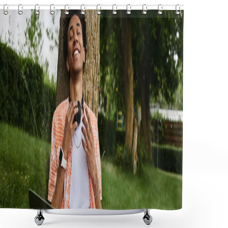 Personality  Young African American Man Sitting On Tree In Park With Laptop In Lap. Shower Curtains