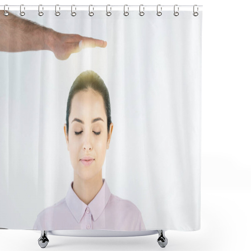 Personality  Cropped View Of Healer Putting Hand Above Head Of Attractive Woman With Closed Eyes On White  Shower Curtains