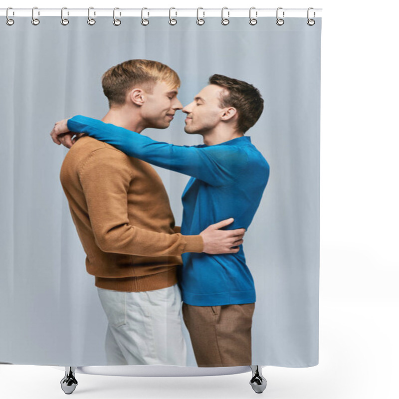 Personality  Two Young Men, A Loving Gay Couple, In Casual Attire, Standing Together On A Gray Backdrop. Shower Curtains