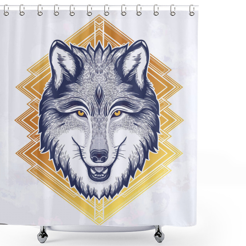 Personality  The Head Of A Wolf. Dreamy Magic Art. Night, Nature, Wicca Symbol. Isolated Vector Illustration. Great Outdoors, Tattoo Design. Shower Curtains