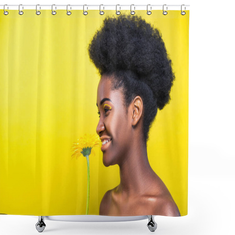 Personality  Laughing African American Girl Holding Flower And Looking Away On Yellow Shower Curtains