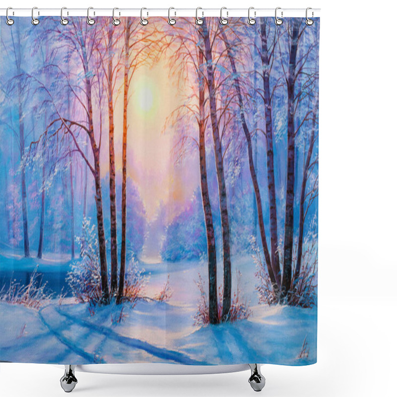 Personality  Birches In The Winter Forest.Oil Painting Landscape. Shower Curtains