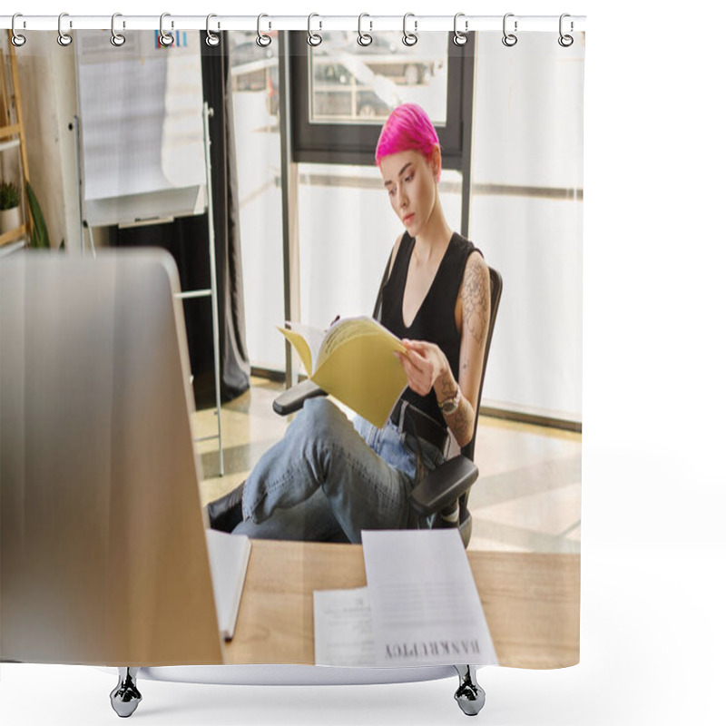 Personality  Young Female Worker In Casual Outfit Working Hard With Document With Word Bankruptcy On Desk Shower Curtains