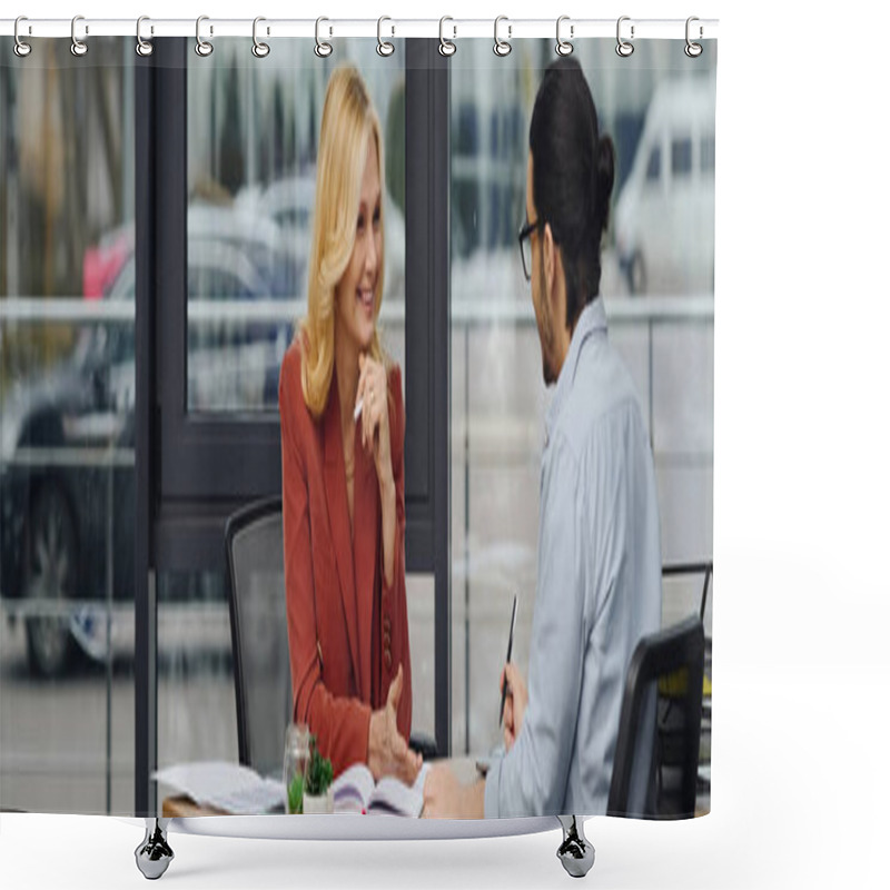 Personality  Appealing Woman Engages In Conversation With A Man During Job Interview. Shower Curtains