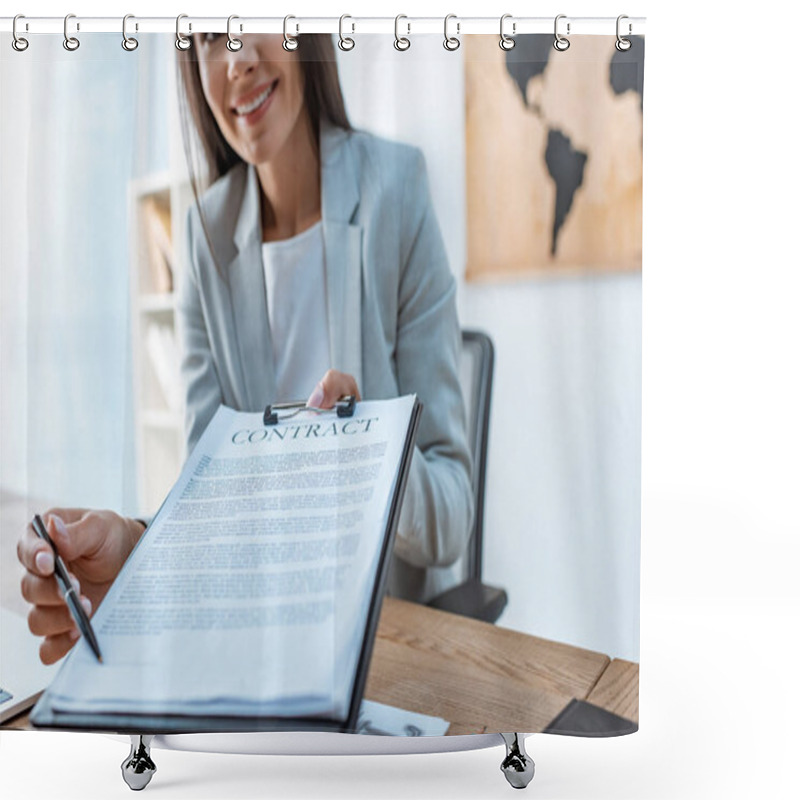 Personality  Cropped View Of Smiling Travel Agent Pointing With Pen At Signature Place In Contract Shower Curtains