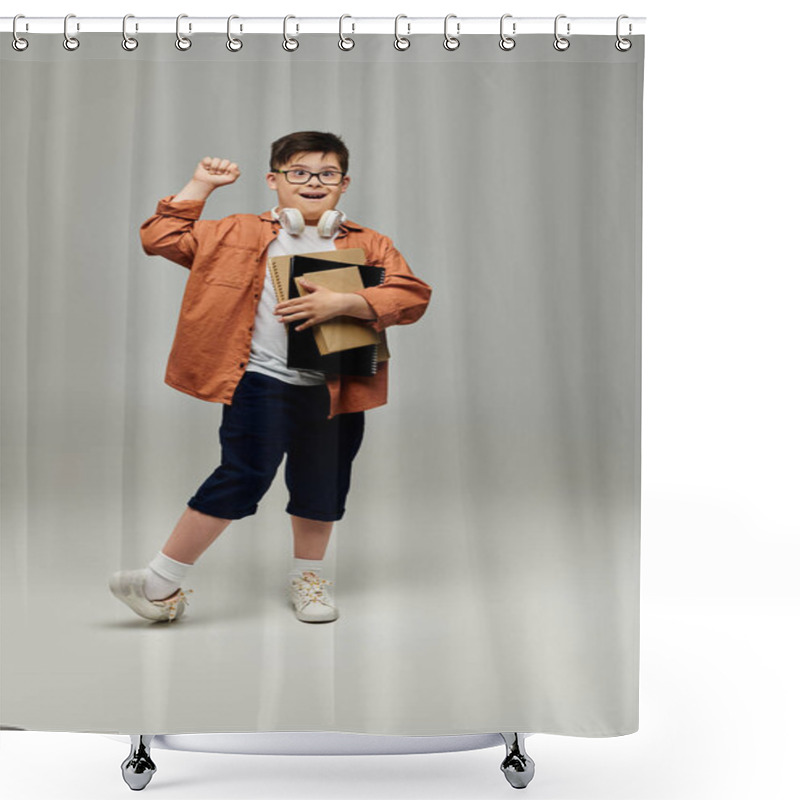 Personality  A Little Boy With Down Syndrome Holding A Books And Posing. Shower Curtains