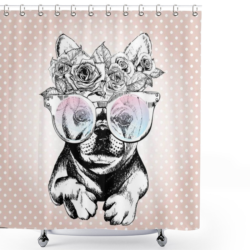 Personality  Vecotr Portrait Of Dog, Wearing The Floral Wreath And Sunglasses. Hand Drawn Vintage Trendy Illustration. French Bulldog Breed. Isolated On Polka Dot And Rose Gold Background.  Shower Curtains