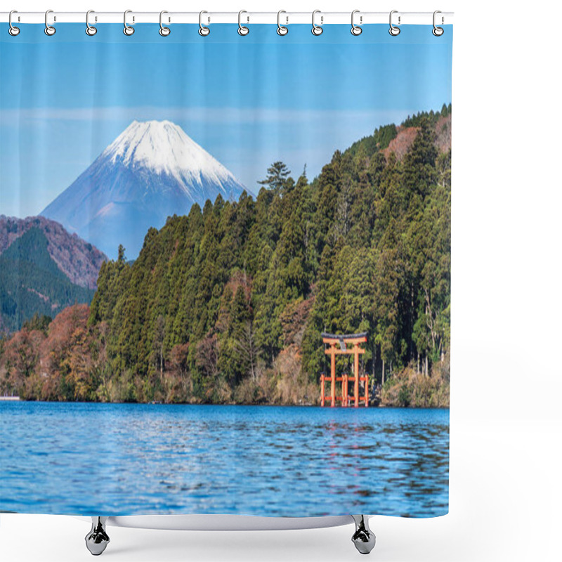 Personality  Mountain Fuji And Lake Ashi With Hakone Temple And Sightseeing Boat In Autumn Shower Curtains