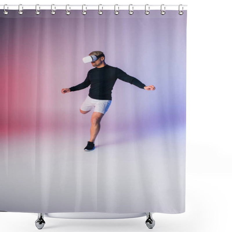 Personality  A Man In A Black Shirt And White Shorts Is Engaged In A Dynamic Dance Of Light And Shadow In A Studio Setting. Shower Curtains