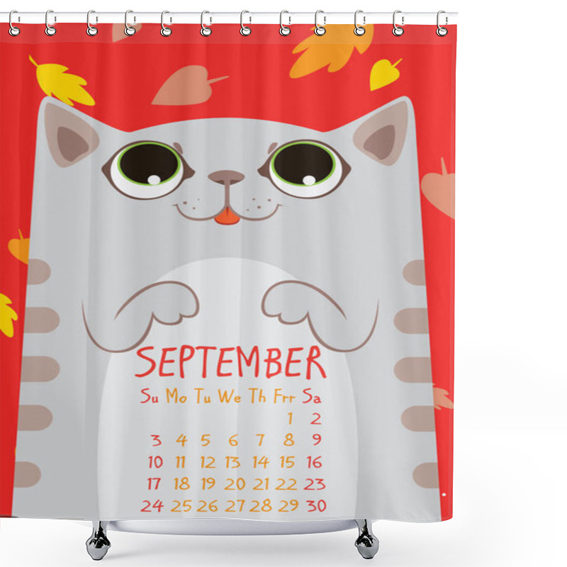 Personality  Gray Striped Cute Cat Under Falling Leaves On Red Background. September Calendar Shower Curtains