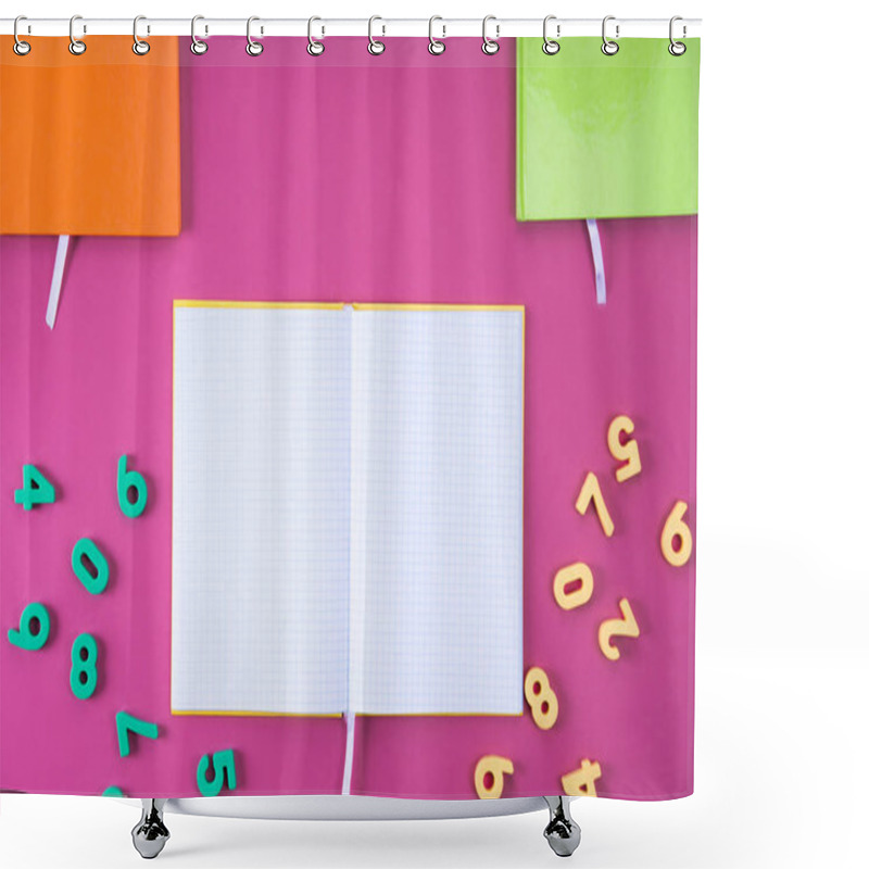 Personality  Top View Of Opened Blank Notebook And Math Education Numbers On Pink Shower Curtains