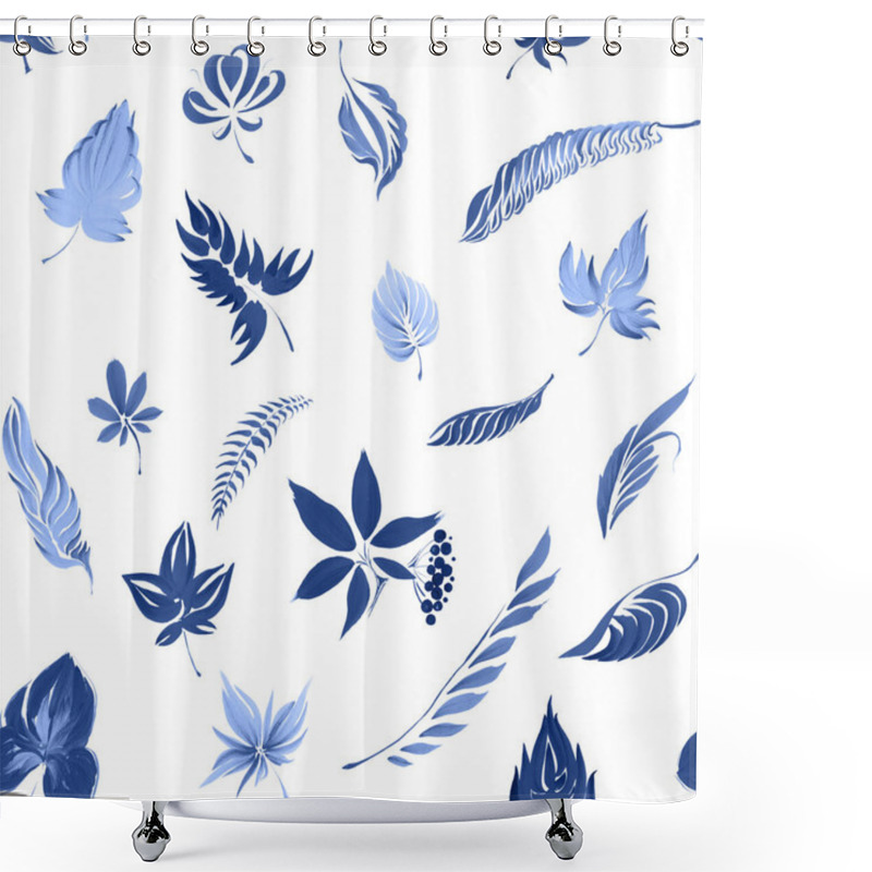 Personality  Blue Frosted Leaves On A White Background, Seamless Pattern. Hand Drawn Gouache Painting Shower Curtains