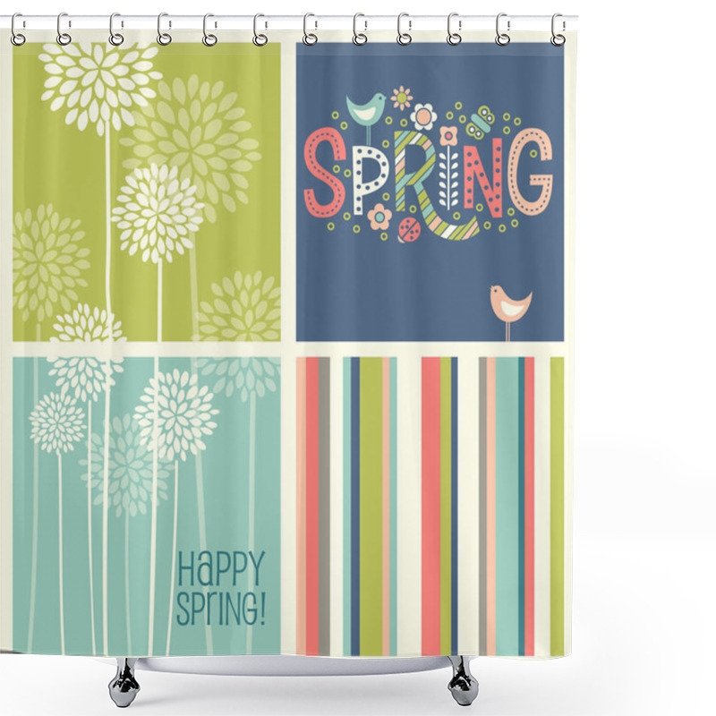 Personality  Set Of Spring Designs Including Seamless Stripes, Doodle Lettering, Tall Allium Flowers. Shower Curtains