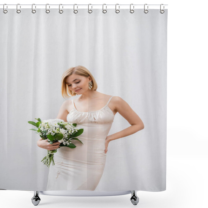 Personality  Happy And Blonde Bride In Wedding Dress Holding Bouquet On Grey Background, White Flowers, Bridal Accessories, Happiness, Special Occasion,   Beautiful, Feminine, Blissful  Shower Curtains