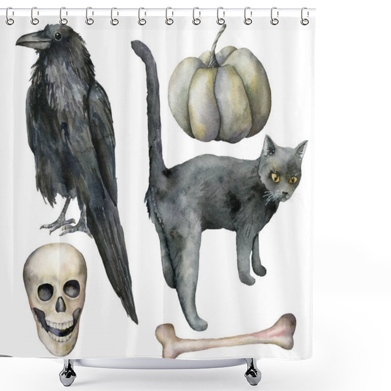 Personality  Watercolor Halloween Set With Crow And Cat. Hand Painted Holiday Set With Pumpkin, Scull And Bone Isolated On White Background. Illustration For Design, Print Or Background. Shower Curtains