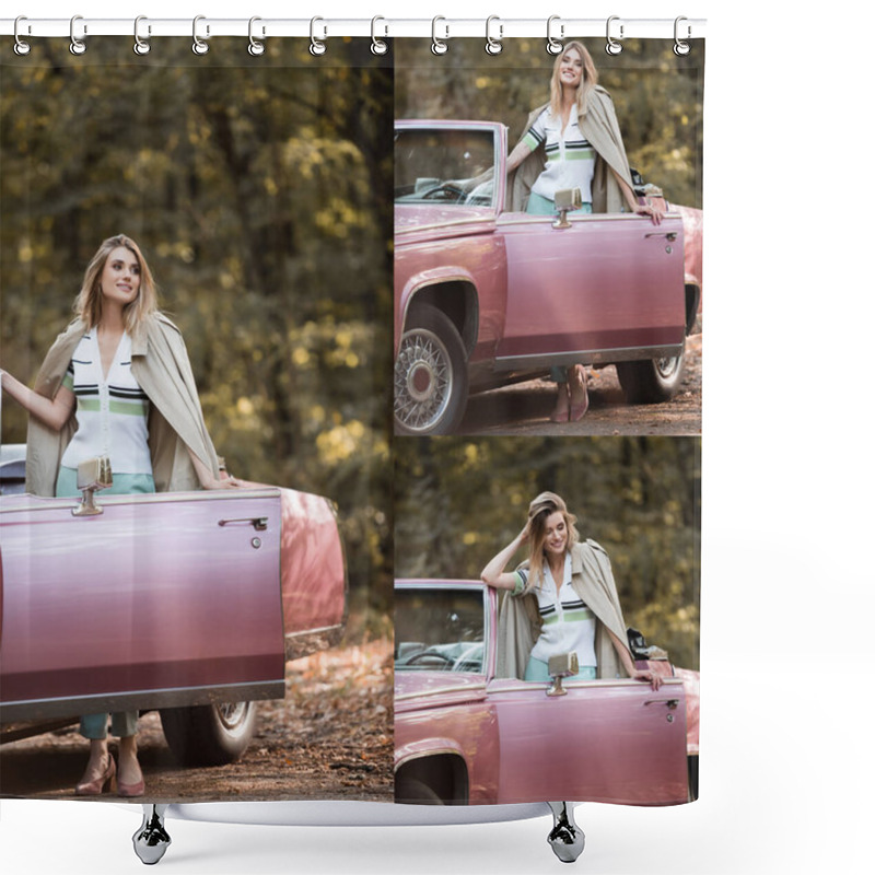 Personality  Collage Of Smiling Woman In Coat Standing Near Car On Road  Shower Curtains