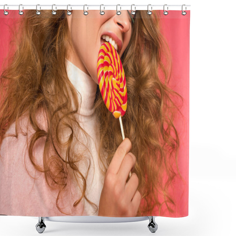 Personality  Cropped Image Of Beautiful Woman Biting Lollipop On Red Shower Curtains