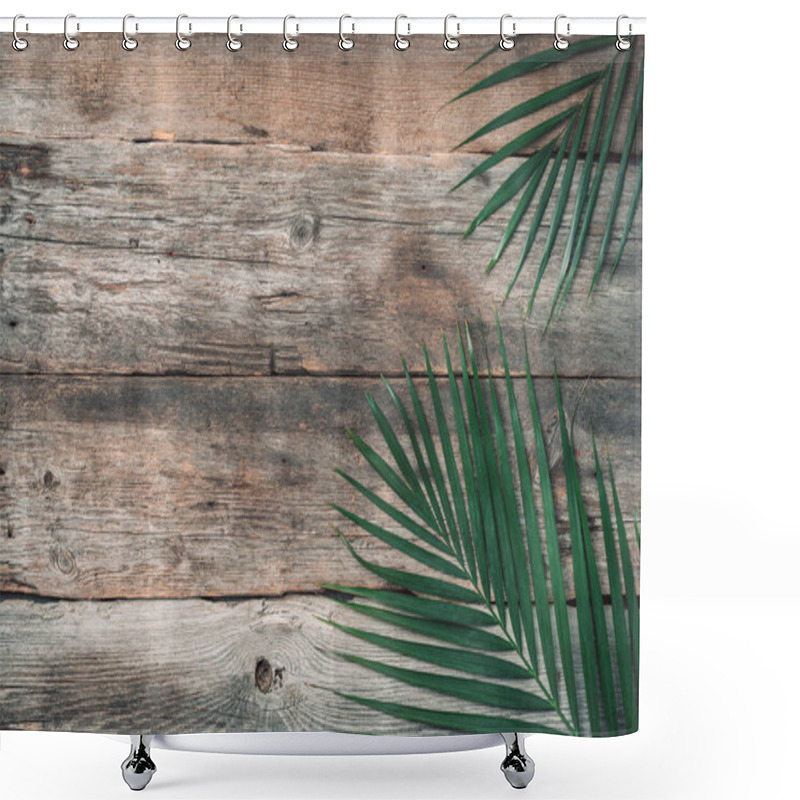 Personality  Green Tropical Palm Leaf On Wooden Planks Background. Exotic Branches Over Vintage Texture. Top View, Copy Space Shower Curtains